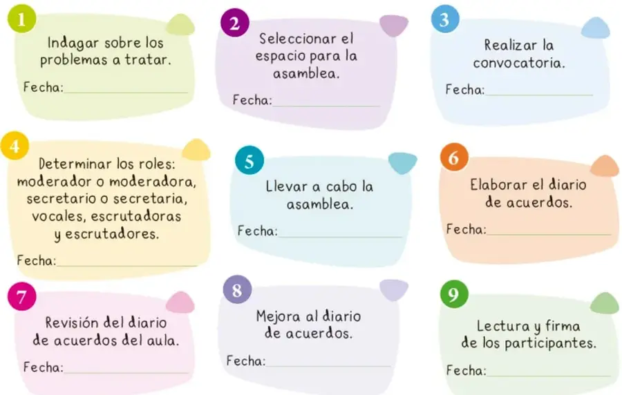 Esquema con nueve tarjetas numeradas y de colores que describen las actividades del proyecto y un espacio para anotar la fecha de cada una.