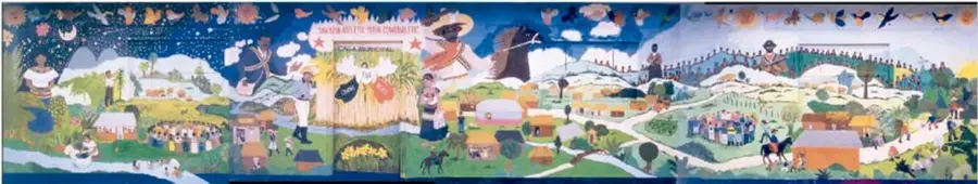 Mural horizontal panorámico con escenas de vida rural y comunitaria: montañas, río, personas trabajando, juegos mecánicos y animales en un estilo naíf de colores vivos.