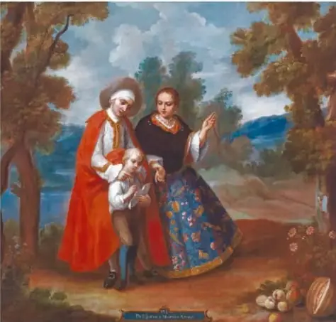 Pintura de castas: hombre español, mujer negra y niño. Leyenda: “De español y negra, mulato”.