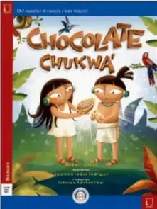 Portada del libro Chocolate Chukwa' con dos niños mayas y una planta de cacao.