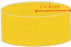 Se muestra una caja cilíndrica amarilla con radio de 4 cm indicado en la base circular.