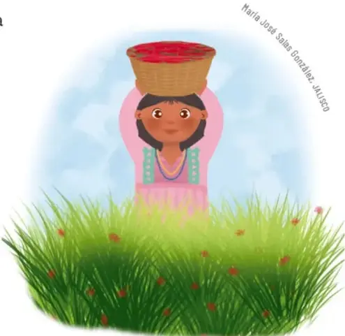 Ilustración de una niña con vestimenta tradicional sosteniendo una canasta sobre su cabeza, rodeada de pasto y flores. Crédito: María José Salas González, julio 2020.