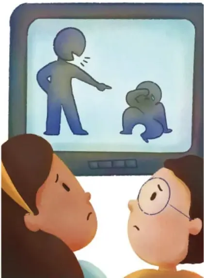 Ilustración de dos niños observando una pantalla que muestra una escena de acoso escolar: una figura de pie grita y señala a otra figura encorvada que se cubre la cara.