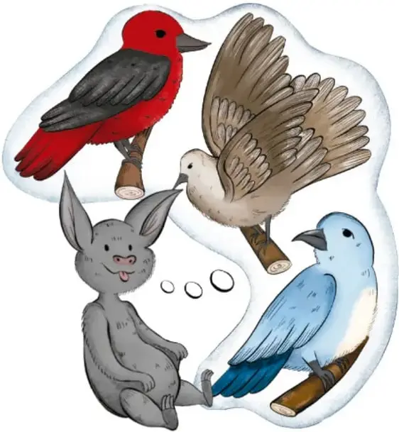 Un murciélago gris sonriente junto a tres aves posadas en ramas: un pájaro rojo con alas negras, uno café y uno azul de cola oscura.