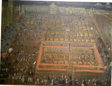 Pintura de una plaza colonial novohispana con una gran multitud, probablemente la Plaza Mayor de la Ciudad de México durante una ceremonia o corrida de toros.