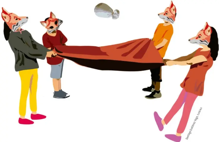 Ilustración de cuatro niños con máscaras de zorro sosteniendo una tela roja y haciendo saltar una pelota de calcetín. Representa la actividad de los ejercicios 4 y 5.