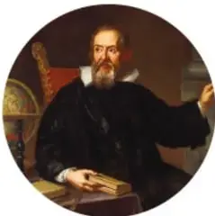 Retrato de Galileo Galilei sosteniendo un libro, con vestimenta oscura y cuello blanco.