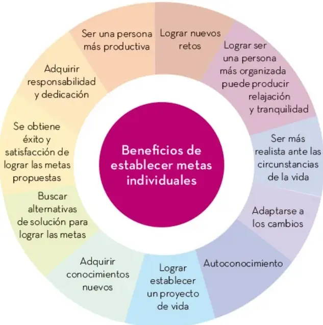 Diagrama circular (donut) con un núcleo rosa que dice 'Beneficios de establecer metas individuales' y segmentos de colores alrededor con los beneficios: lograr nuevos retos, ser más productiva, responsabilidad, éxito y satisfacción, alternativas de solución, conocimientos nuevos, proyecto de vida, autoconocimiento, adaptarse a los cambios, ser más realista, ser más organizada.