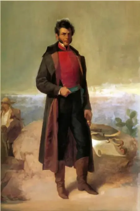 Óleo sobre tela del siglo XIX de Ramón Sagredo titulado Vicente Guerrero. Muestra al caudillo insurgente de pie, con sombrero, manta y chaleco rojo, sobre un fondo de paisaje; al pie se lee la leyenda: Oficinas de Palacio Nacional, Presidencia de la República.