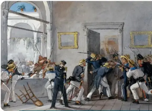 Pintura de la Guerra de los Pasteles, 1838: soldados franceses y mexicanos combatiendo dentro de un edificio con arcadas.