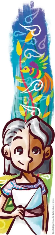 Ilustración de una niña de cabello blanco con vestido, rodeada de aves y flores de colores, símbolo de diversidad cultural.