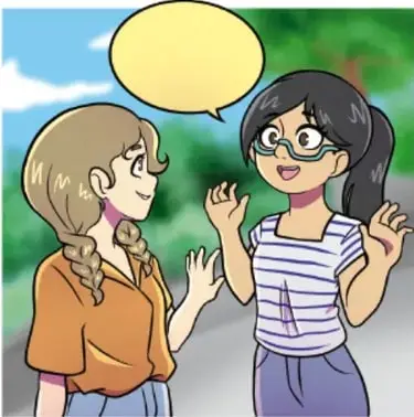 Ilustración de dos estudiantes (Leonora y Sandra) conversando en la plaza, con un globo de diálogo vacío. Crédito: Estrella Sarai Mata Medina, TAMAULIPAS.