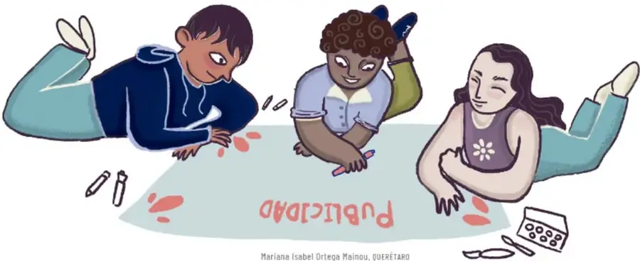 Ilustración de tres estudiantes (dos niñas y un niño) recostados en el suelo dibujando sobre un papel grande con la palabra 'PUBLICIDAD' escrita al revés; alrededor hay crayones, marcadores y una caja de colores.