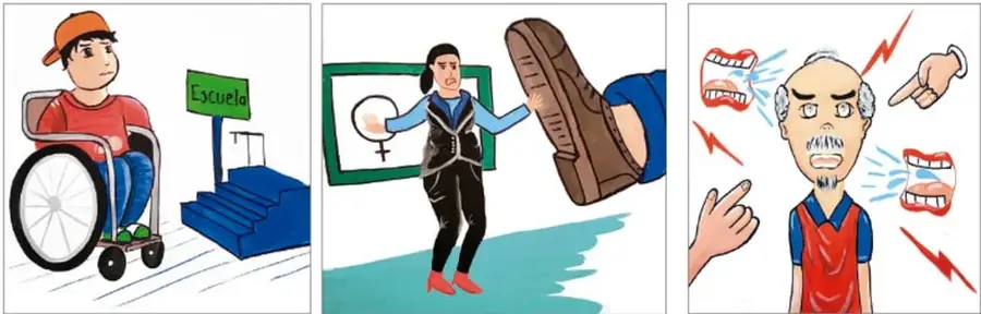 Tres viñetas: persona en silla de ruedas frente a escalones de una escuela; mujer empujada por una bota; adulto mayor rodeado de bocas gritonas y manos señaladoras.
