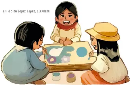 Dos niñas en una mesa cosiendo o armando juntas un libro cartonero.