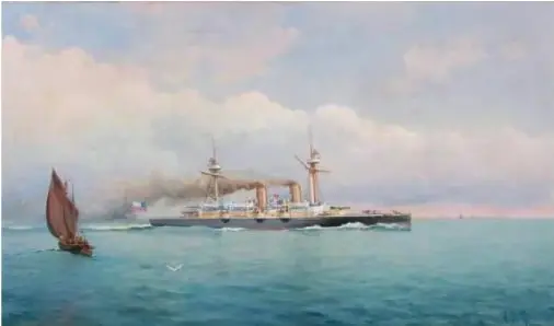 Pintura del buque Esmeralda navegando en el mar. El texto indica que perteneció a la Armada de Chile, fue vendido a Japón y en 1895 cambió su nombre a Izumi.