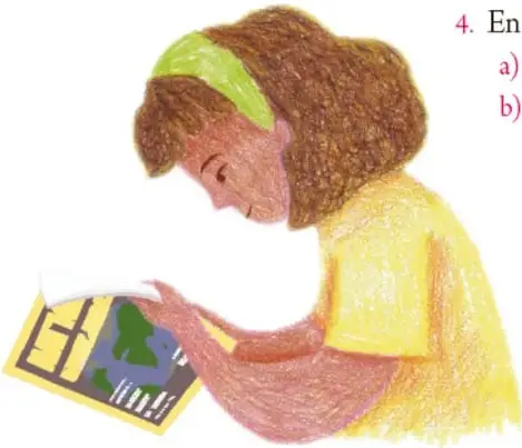 Ilustración de una niña con cabello rizado y diadema verde leyendo una revista.