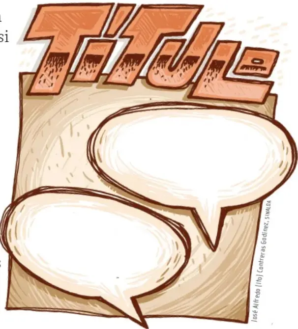 Ilustración de un cuadro de historieta con la palabra TITULE (título) en letras grandes y dos globos de diálogo vacíos.