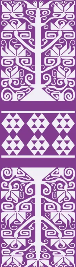 Patrón textil geométrico blanco sobre fondo morado con motivos simétricos y formas curvas.