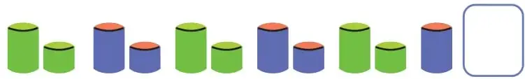 Fila de cilindros: verde alto, verde bajo, azul alto con tapa roja, azul bajo con tapa roja, repetidos, con un recuadro vacío al final.