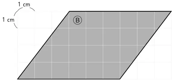 Paralelogramo gris rotulado B inclinado sobre cuadrícula, con marcas de 1 cm.