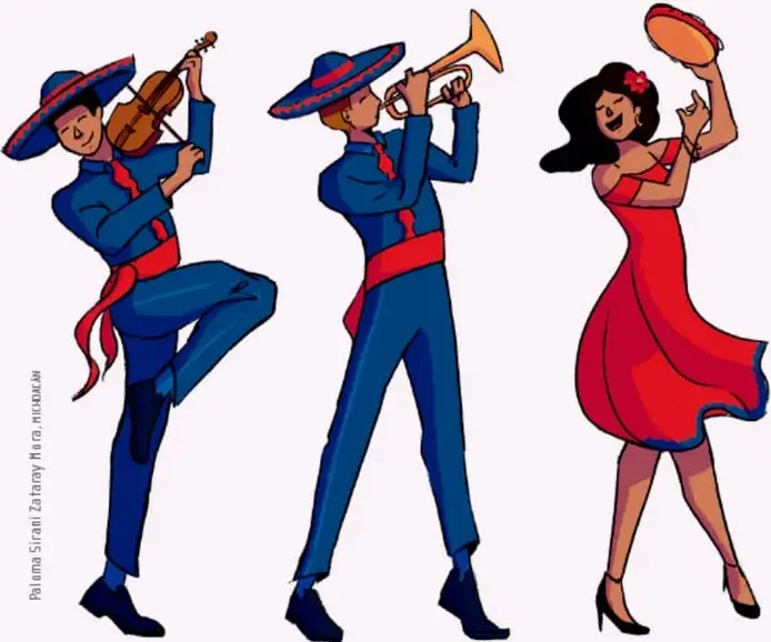 Ilustración de tres músicos: dos hombres con sombrero mexicano, uno tocando el violín y otro la trompeta, y una mujer con vestido rojo bailando con pandero; crédito: Paizano Sisnay Mesa, Michoacán.