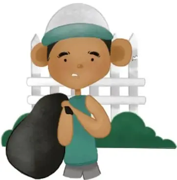Niño con gorra sosteniendo una bolsa de basura frente a una cerca, representando al vecino que daña la cerca y tira basura.