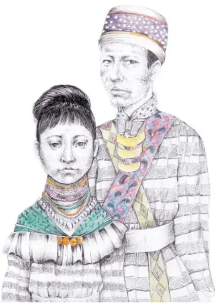 Ilustración de una mujer y un hombre con vestimenta tradicional afroseminol: la mujer con blusa bordada y collar de colores, el hombre con camisa de cuadros y tocado con plumas.