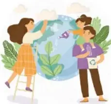 Ilustración de tres personas cuidando un globo terráqueo con plantas, representando la preservación.