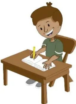 Ilustración de un niño escribiendo sentado en su escritorio.