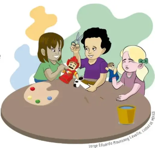 Ilustración de tres niñas y un niño trabajando juntos alrededor de una mesa redonda: pintan con pinceles, cortan con tijeras y manipulan materiales, junto a una paleta de colores y un vaso; firma del ilustrador Jorge Eduardo Houssoug Lavalle.