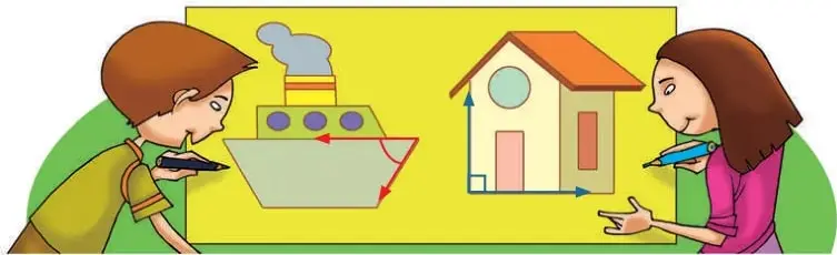 Ejercicio 4: niño y niña frente a un pizarrón con un bote y una casa. El niño marca un ángulo con flecha roja y la niña con flecha azul.