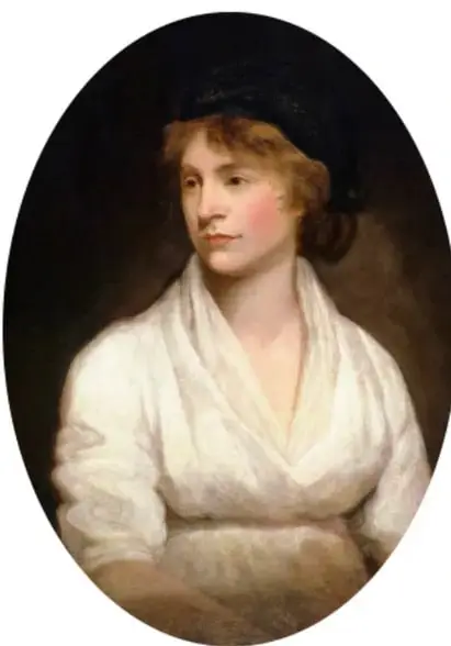 Retrato ovalado de Mary Wollstonecraft, filósofa británica, con vestimenta de la época.