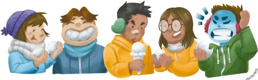 Ilustración de cinco niños en ropa de invierno sosteniendo copos o bolas de nieve; ilustración de Mayra Gisela Pedroza Diat.