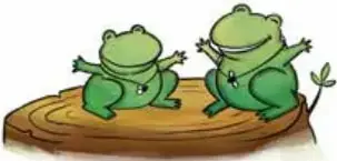 Ilustración de dos ranas verdes sentadas sobre un tronco.