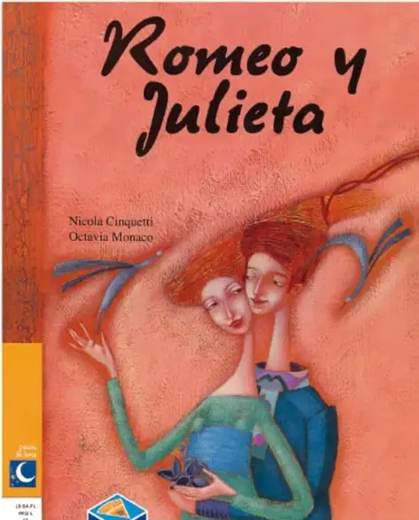 Portada del libro Romeo y Julieta, de Nicola Cinquetti y Octavia Monaco, con dos rostros entrelazados sobre fondo rojo.