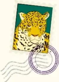 Estampilla con un jaguar amarillo sobre fondo verde, con sello postal circular morado y líneas onduladas.