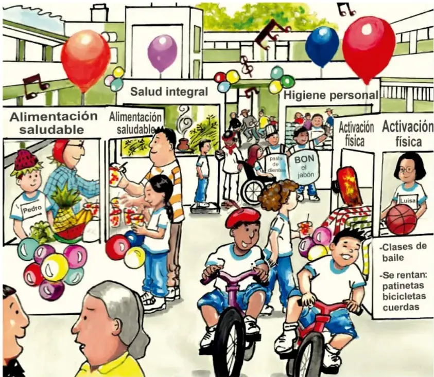 Ilustración de una feria comunitario escolar: globos de colores, niñas y niños en bicicletas y con balones, estaciones rotuladas Alimentación saludable, Salud integral, Higiene personal (cartel 'BON al jabón') y Activación física (clases de baile, se rentan patinetas, bicicletas, cuerdas). Firma: Alma Guadalupe Vázquez Rosales, San Luis Potosí.