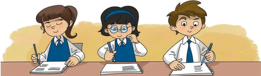 Ilustración de tres estudiantes (dos niñas y un niño) con uniforme escolar sentados en un escritorio escribiendo en sus cuadernos, representando un grupo de trabajo.