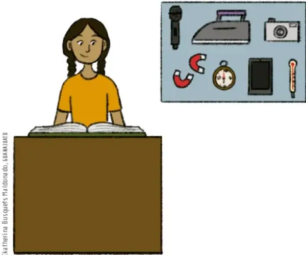 Ilustración de objetos relacionados con electricidad y magnetismo: micrófono, plancha, cámara, imán, brújula, dispositivo electrónico y varilla
