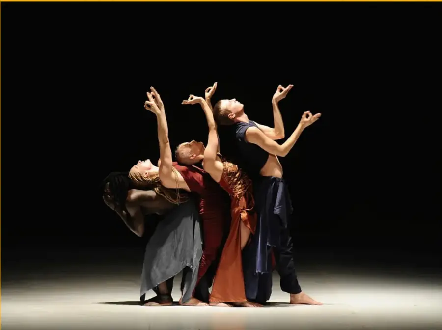 Fotografía escénica de cuatro bailarines sobre fondo negro. Los cuerpos se entrelazan en una composición vertical con brazos alzados y manos en posiciones expresivas; los vestuarios son de colores gris, rojo, ocre y azul oscuro. Corresponde a la obra Aajej de Virpi Pahkinen, capturada por Christa Cowrie.