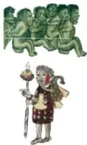 Ilustración de un gobernante tarasco portando orejera y bezote (lámina 15v de la Relación de Michoacán).