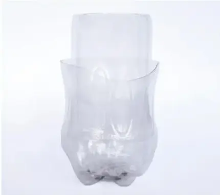 Botella de plástico transparente cortada por la parte superior, mostrando el recipiente base del experimento.