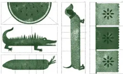 Otras tarjetas del material: una rebanada de sandía, un cocodrilo, un perro salchicha segmentado en piezas, una zanahoria y piezas de papel picado, sobre líneas de recorte.