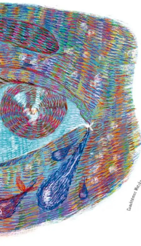 Ilustración abstracta de tramas multicolor con figuras de gotas y un ave, estilo punteado/texturizado.