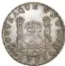 Fotografía del reverso de una moneda de plata y ficha de datos de la Moneda Columnaria, 8 Reales, México, 1755.