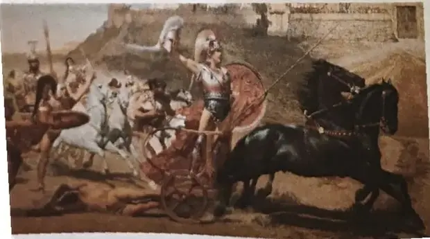 Ilustración de una escena de combate de la Guerra de Troya, con guerreros, caballos y carros.