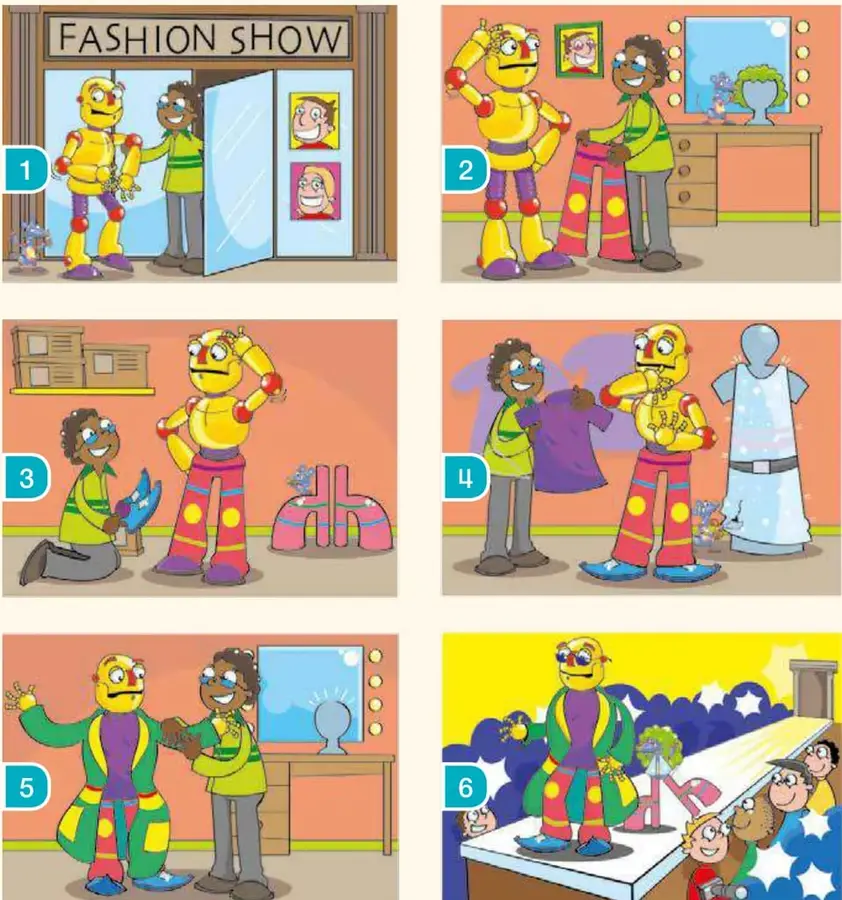 Escena 2: Beep en el camerino junto al tocador; la diseñadora sostiene pantalones rosados.