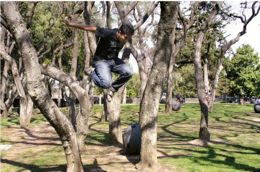 Fotografía de un joven saltando entre árboles en un parque con césped y esferas de piedra, ilustrando el movimiento corporal y la exploración motriz al aire libre.