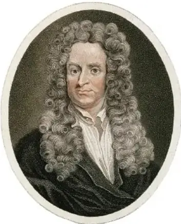 Retrato de Isaac Newton con peluca y vestimenta de época.